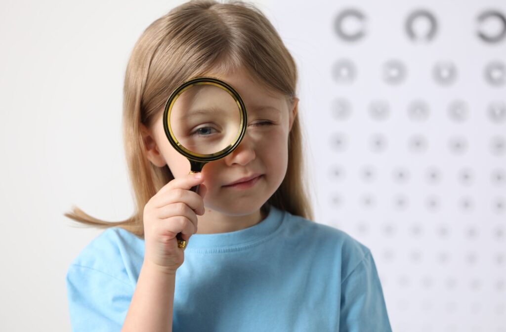 Child holding a magnifying glass to their eye, symbolizing difficulty seeing clearly due to myopia.