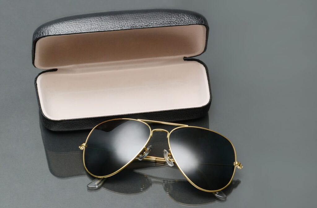 A close-up image of a sunglasses next to a soft case with a hard shell.